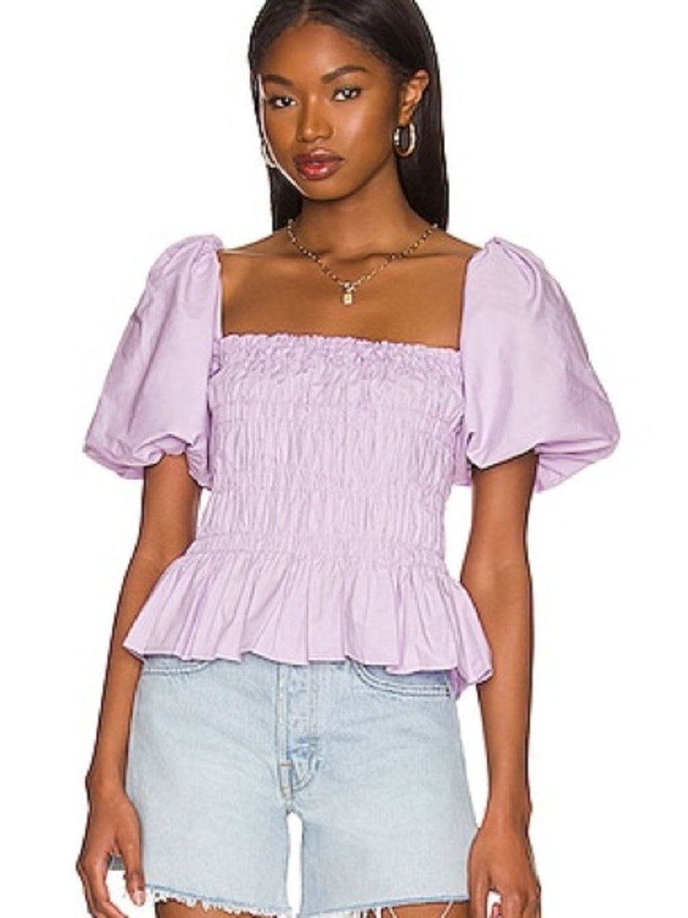 Astr the label Savine Lavender Smocked Puff-Sleeve Peplum Top